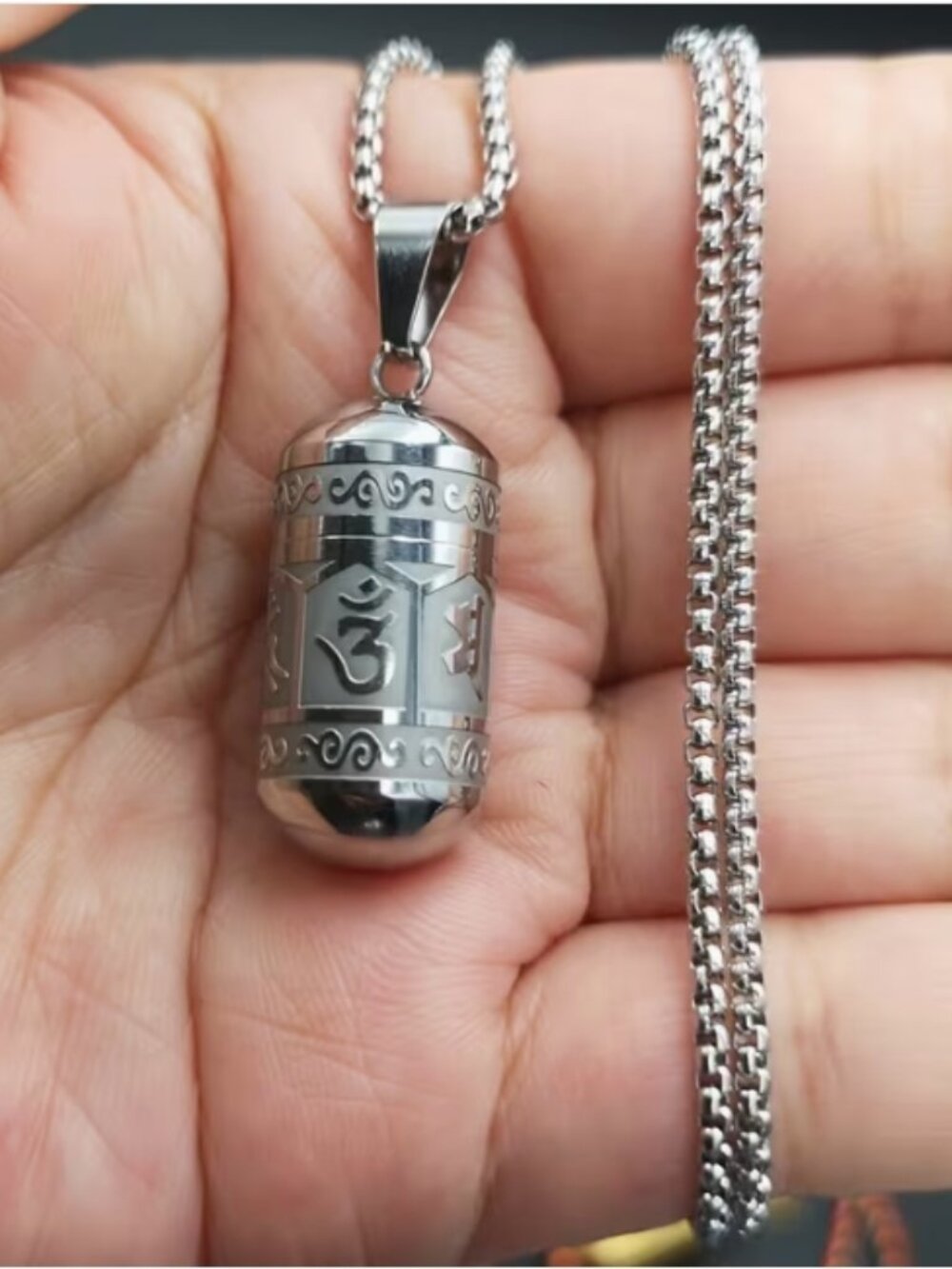 Om Mani Padme Hum Buddhist Mantra Pendant Necklace Mini Bottle Stainless Steel